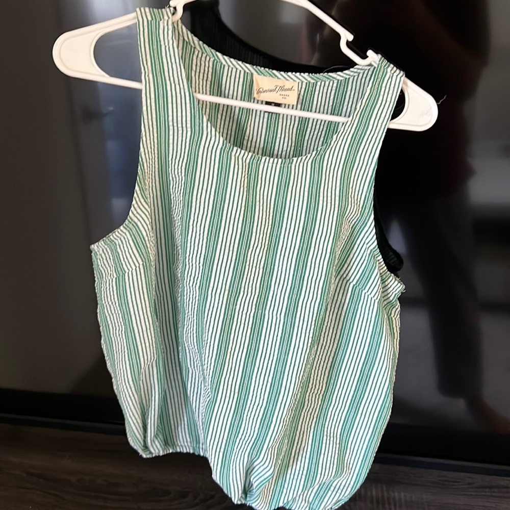 Green and white stripped draw string bottom tank top